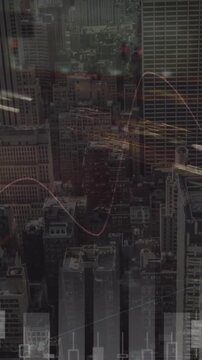 Animation of financial data processing over cityscape