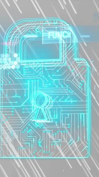 Data processing over security padlock over light trails falling against grey background