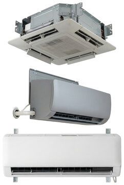 A set of three modern air conditioner units in different mounted styles and gray tones.