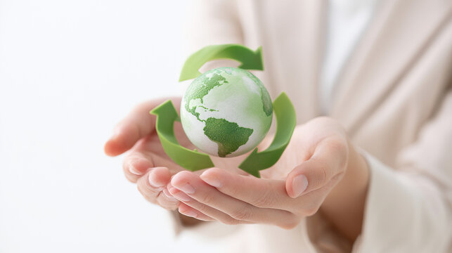 手のひらに地球とリサイクル矢印を載せたSDGs・循環型社会のイメージ
