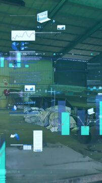 Animation of data processing on graphs and charts over industrial factory interior