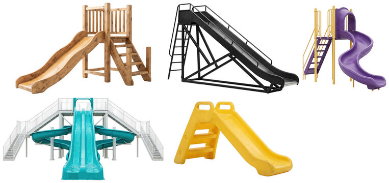A collection of colorful playground slides in wood, plastic, and metal with varied shapes and structures.