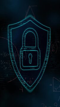 Animation of mathematical equations over padlock icon on black background