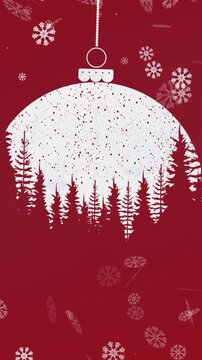 Snowflakes falling over christmas bauble decoration hanging against red background