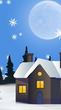 Snowflakes falling over multiple trees and house icon on winter landscape against blue background