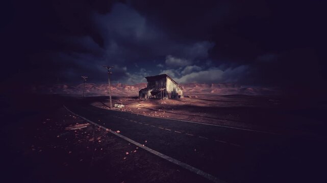 Stormy night cottage beside empty road, ominous clouds rolling over barren field. Distant lightning flashes illuminate charred siding and smoldering embers, wet