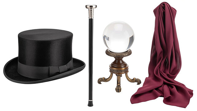 Elegant display of classic magic and vintage items black top hat, walking cane, crystal ball on stand, and burgundy fabric, evoking mystery