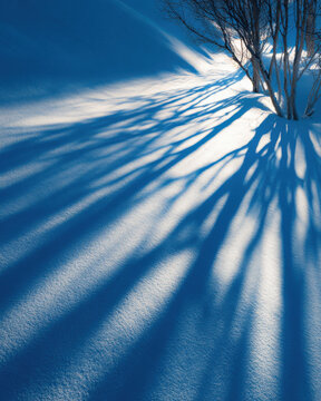 Long Tree Shadows on Snowy Mountainside - Minimalist Winter Graphic
