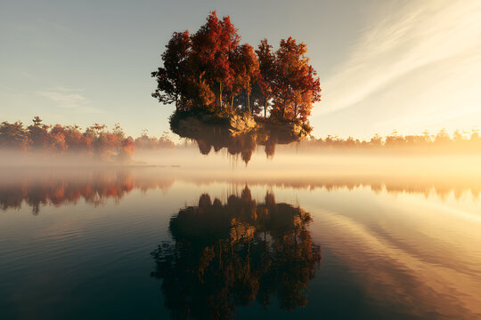 Floating Island With Vibrant Red Autumn Trees Over A Misty Lake