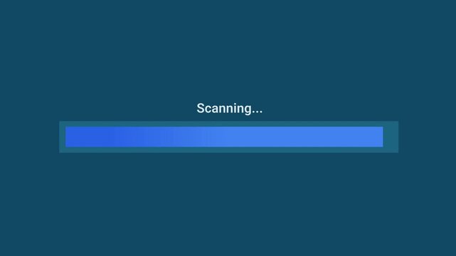 Animated motion graphics showing a blue progress bar labeled "Scanning..." filling up over a dark blue background. Represents an active antivirus system scan, vulnerability check, network search