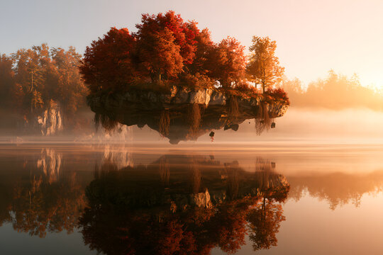 Floating Island With Autumn Trees On An Exposed Rock Cliff