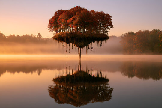 Floating Island With A Lone Red Maple Tree And Hanging Roots