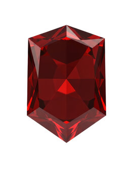3D render of a faceted ruby red gemstone in a shield shape, isolated on a transparent background