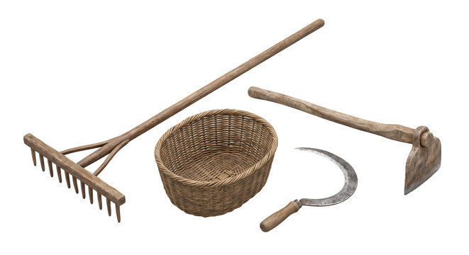 Vintage wooden farming tools with rake hoe sickle and wicker basket isolated on transparent background rustic style