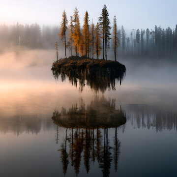 Floating Island With A Single Large Autumn Tree Close Up