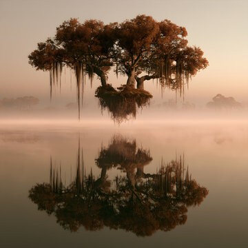 Floating Island of Rust Colored Autumn Trees With Hanging Roots