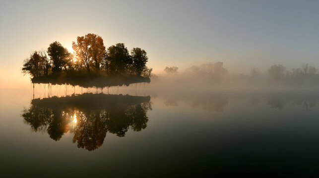 Floating Island of Pine and Golden Birch Trees in Soft Mist