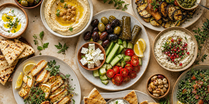Mediterranean Mezze Sharing Spread Healthy Food Flat Lay