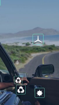 Driving convertible along coastal road, environmental impact icons animation over landscape