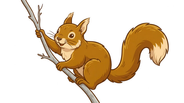 Illustration vectorielle d'un adorable &eacute;cureuil roux grimpant sur une branche d'arbre, isol&eacute; sur fond blanc.