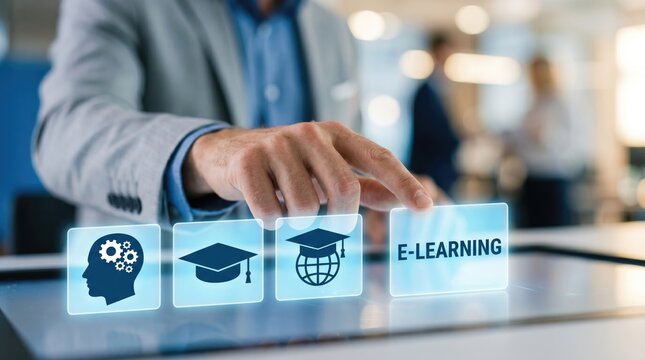 Person interacting with digital e learning icons on touchscreen