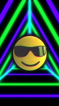 Smiley face with sunglasses animation over neon green and blue triangular lines