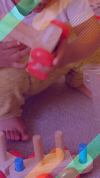 Playing with colorful wooden toys, child over geometric shapes animation