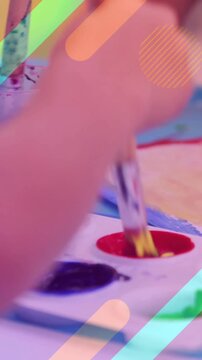 Painting with brushes, children creating art over colorful animation