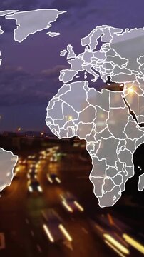 World map animation over busy highway with moving cars at night