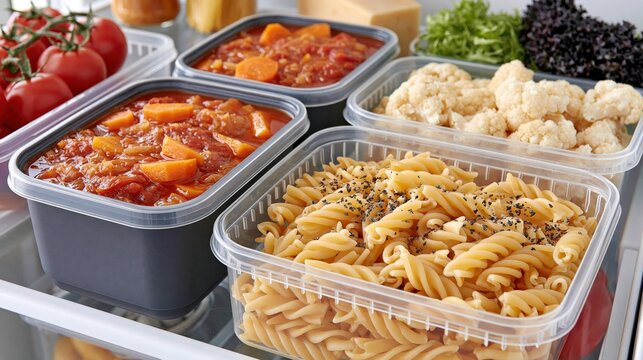Various cooked meals and ingredients are neatly organized within plastic containers.