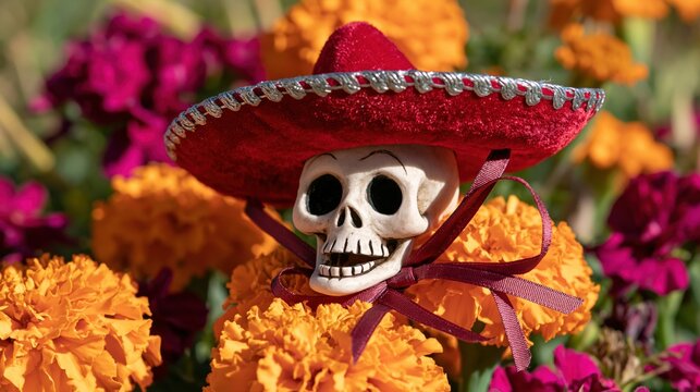 Marigolds and a skull with a sombrero decorate a grave during the Day of the Dead celebration