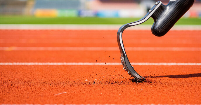 Para Athlete Running with Prosthetic Leg on Track, Adaptive Sports and Inclusive Athletics