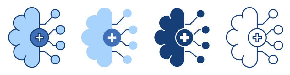 Obraz premium AI Healthcare Brain Icons Set with Medical Cross and Neural Network Circuit Nodes Blue Line and Solid Symbol Isolated on White Background