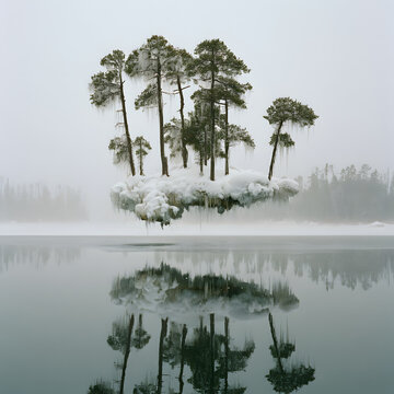 Floating island of pine trees with icicles above foggy forest