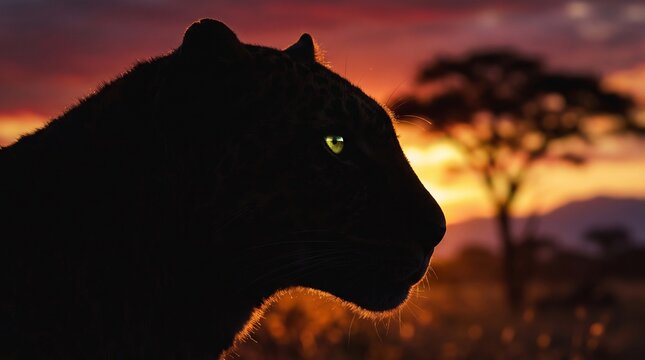 Black panther silhouette side profile with glowing green eye at fiery savanna sunset