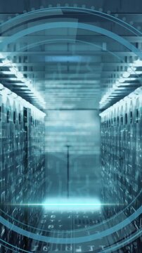 Animation of shield icon and data processing over computer servers