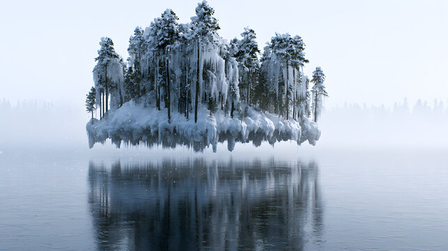 Floating island with pine trees and icicles in wide view