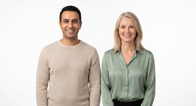 Smiling Man and Mature Woman Portrait Looking at Camera on White Background