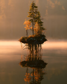 Floating Island With Golden Larch Trees In Mist