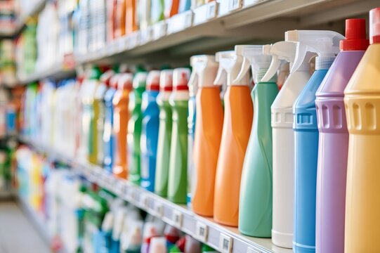 Cleaning products and household supplies on store shelf
