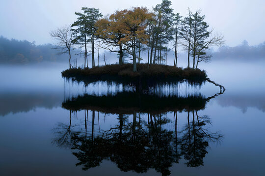 Floating Island With Sparse Autumn Trees In Blue Mist