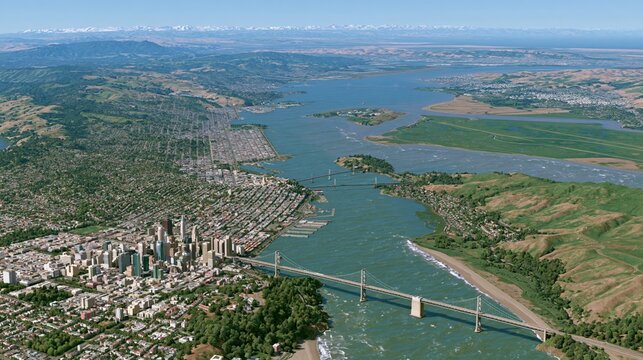 A sprawling cityscape meets a vast waterway with bridges connecting distant shores.