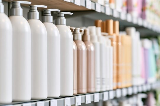 Hair care products and body wash on store shelf
