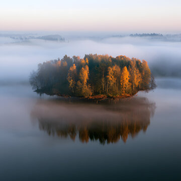 Floating Island With A Lone Tree Over Foggy Water