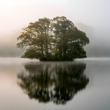 Floating Island With Tall Golden Birch Trees In Mist
