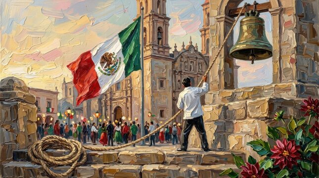 Man rings bell holding Mexican flag during Independence Day celebration