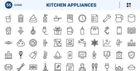 Fototapeta premium Hot chocolate whisk line icon set. Vector pictograms of kitchen appliance, beverage maker, froth tool, and drink preparation elements, thin linear illustration.