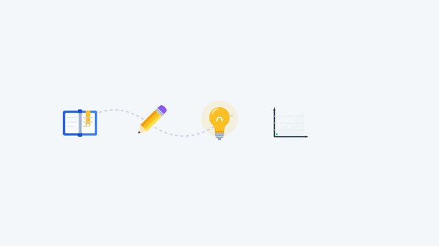 Flat learning progress animation showing a book pencil lightbulb progress graph and graduation cap as a visual journey from learning to achievement