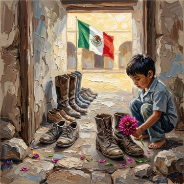 Boy kneeling by military boots with Mexican flag in background symbolizing heritage