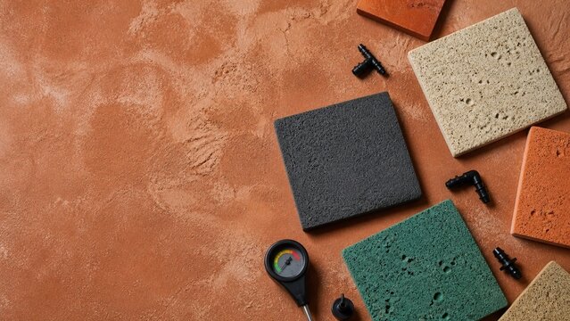 Various colorful paving stone samples, construction material tiles, precision measuring tool on textured terracotta background, building materials for architecture